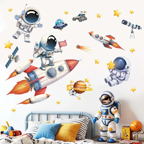 Vista 8 de Calcomanías de Pared de Astronauta del Espacio Exterior - Calcomanías de Pared de Cohete de Planetas para Niños - Decoración de Pared