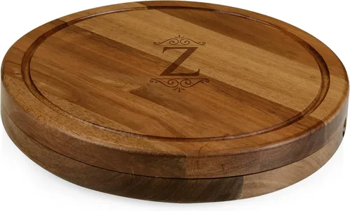 Vista 27 de Tablero de corte para queso Circo personalizado con monograma de iniciales de Toscana y juego de herramientas de acacia
