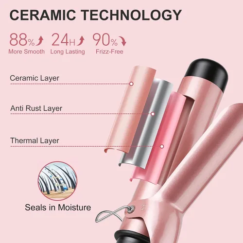 Vista 5 de Varita rizadora para cabello largo y corto, rizador de pelo de cerámica con temperatura ajustable de 14, estilizador de viaje de doble voltaje