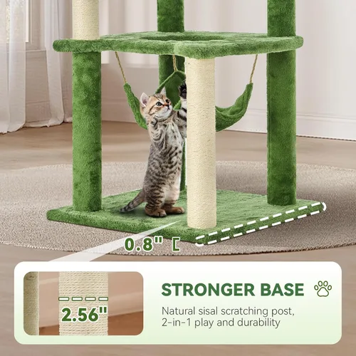 Vista 5 de Árbol para gatos de 61 pulgadas con hojas verdes, torre grande de varios niveles con hamaca, casa de felpa para gatos con juguete de bola colgante