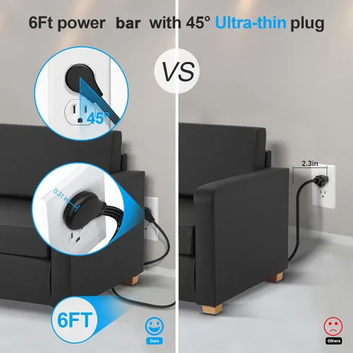 Vista 6 de Paquete de 2 regletas de alimentación de enchufe ultra plano, regletas de alimentación con 4 tomas amplias, cable de extensión de enchufe plano de 6