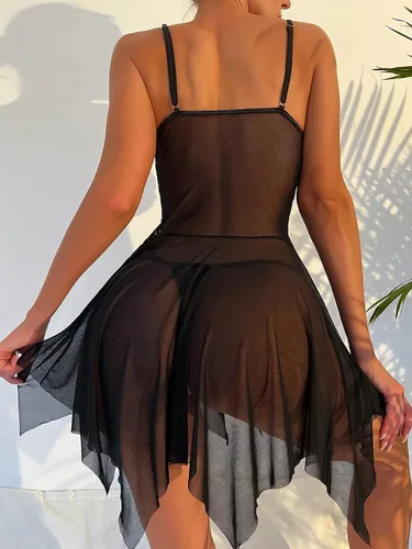 Vista 2 de WDIRARA Camisón de malla transparente de encaje floral para mujer, vestido de lencería con tanga