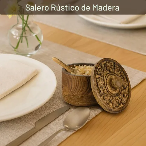 Vista 6 de Mie Creations Salero Rústico con Tapa Tallada a Mano y Cuchara, Cuencos de Madera para Pellizcar Sal Recipiente de Madera para Sal y Pimienta