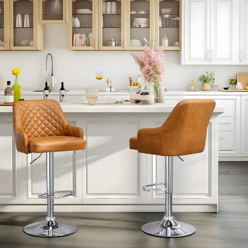 Vista 6 de Juego de 2 taburetes de bar ajustables para encimera de cocina, color marrón