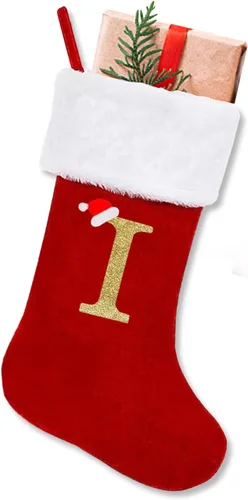 Vista 13 de ALIBBON Medias de Navidad con monograma de 20 pulgadas con iniciales, medias grandes de terciopelo rojo con puño de felpa blanca súper suave, medias