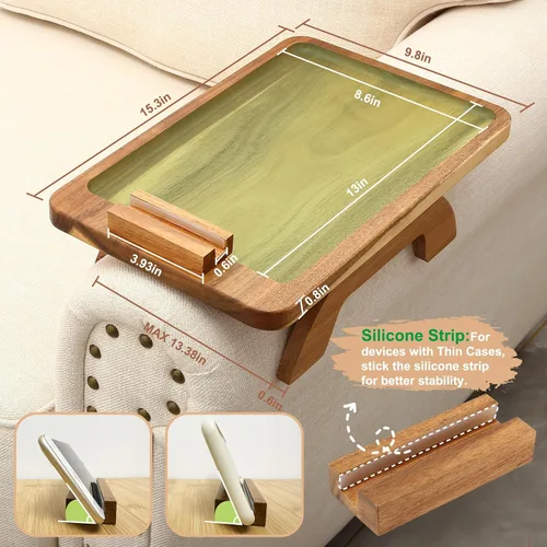 Vista 6 de SINWANT Mesa de Brazo para Sofá, Mesas de Reposabrazos de Sofá de Madera de Acacia, Mesa de Reposabrazos de Sofá con Soporte para Teléfono de 360°