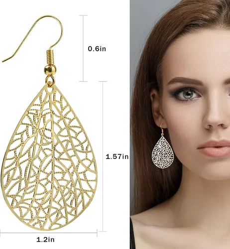 Vista 3 de 14K Gold Plated Silver Rose Gold Teardrop Filigree Dangle Earrings Lightweight Leaf Drop Earrings for Christmas Gift