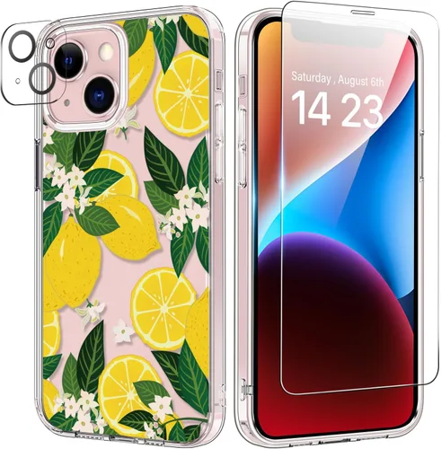 Vista 74 de bicol Funda para iPhone 14 Plus con Protector de Pantalla y Lente de Cámara - Diseños Florales de Moda para Mujeres y Niñas - Funda Transparente