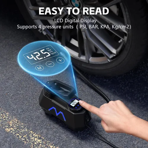 Vista 4 de Inflador de neumáticos, compresor de aire portátil, bomba de aire para neumáticos de automóvil, cable de 9.84 pies, bomba automática de 12 V CC