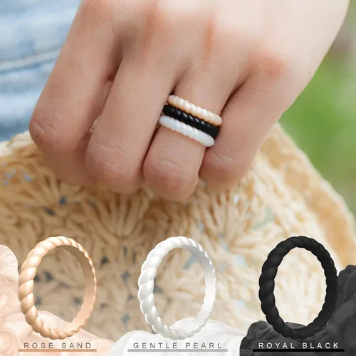 Vista 3 de ThunderFit - Anillos de matrimonio de silicona con diseño trenzado y delgado para mujer