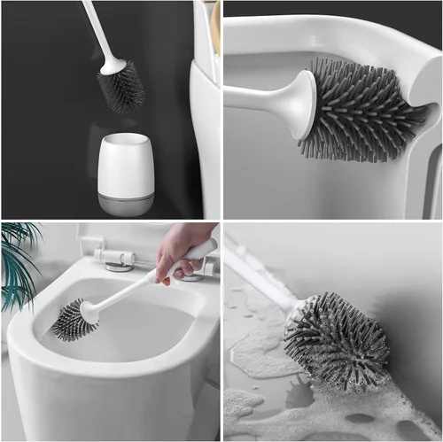 Vista 5 de Cepillo para inodoro, con soporte de secado ventilado, mango antideslizante, cepillo de silicona para baño de limpieza profunda, juego de cepillos
