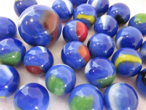 Vista 4 de ~25 canicas de cristal delfín azul/naranja/amarillo remolino estilo clásico paquete de juego (24 jugadores, 1 tirador) decoración/relleno