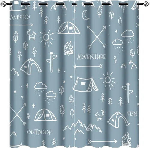 Vista 16 de Cortinas abstractas con estampado de cámper de caricaturas, divertido tema de aventura, campamento, montañas, vida silvestre, oso, tratamiento