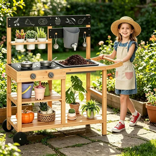 Vista 13 de Costzon Cocina de barro, cocina de juego al aire libre con fregadero, grifo, estufas y accesorios de cocina, estante de almacenamiento, carrito