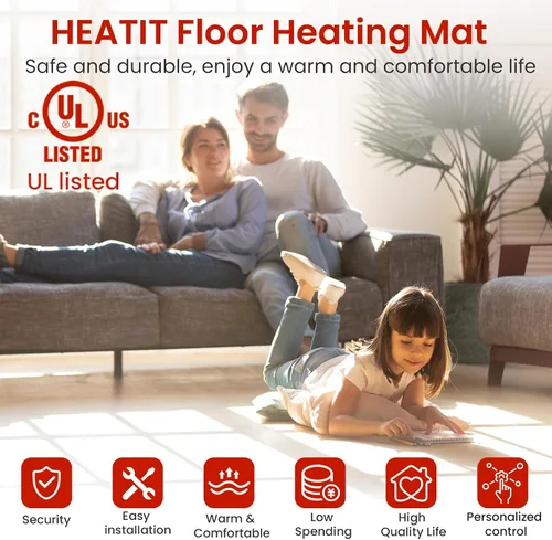 Vista 3 de Alfombra HEATIT Warmmat de 10 pies cuadrados, sistema de calefacción de calor radiante eléctrico autoadhesivo para piso & Termostato ET-72 & Monitor