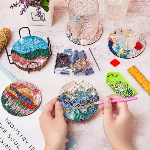 Vista 7 de 8 posavasos de pintura de diamantes para manualidades, paisaje, bricolaje, 5D, kit de pintura de diamante, posavasos brillantes con soporte