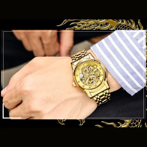 Vista 6 de Weicam Reloj Lumious de acero inoxidable de esqueleto mecánico de lujo para hombre, reloj de pulsera impermeable con esfera tallada de dragón