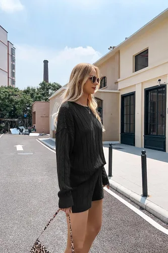 Vista 5 de Ekouaer Conjunto de 2 piezas de suéter de manga larga y pantalones cortos para mujer