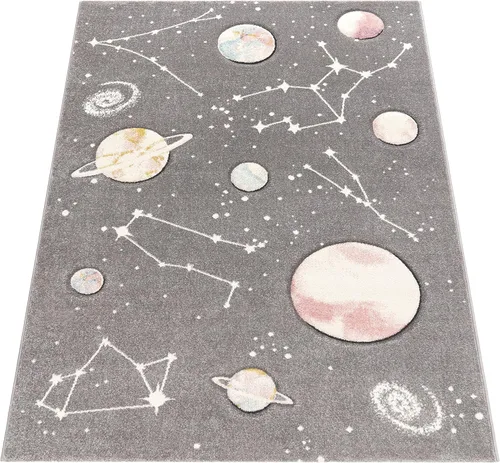 Vista 4 de Paco Home Alfombra de juego para niños, diseño de galaxia, para habitación infantil, planetas y estrellas, color gris, tamaño: 2 pies 8 pulgadas x 4