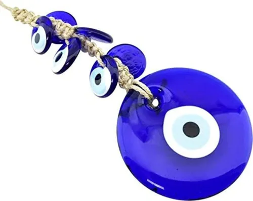 Vista 3 de Adorno colgante de pared de cristal azul de 4 pulgadas con 6 mini cuentas, amuleto turco hecho a mano de Nazar, colgante de puerta para protección