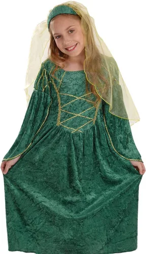 Vista 2 de fun shack Disfraz renacentista verde para niñas, disfraz de princesa medieval para niños, disfraz histórico para niñas