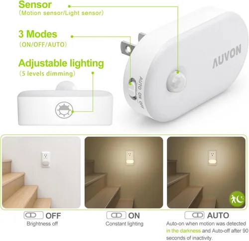 Vista 2 de AUVON Luz nocturna enchufable con sensor de movimiento (120 lúmenes), luces nocturnas LED inteligentes regulables, brillo de 1-120 lúmenes