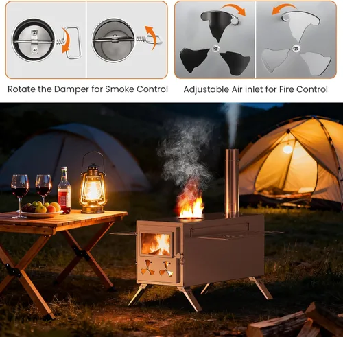 Vista 6 de Estufa de tienda de campaña caliente, estufa de leña para tienda de campaña, estufa de leña portátil de acero inoxidable con 7 tubos de chimenea