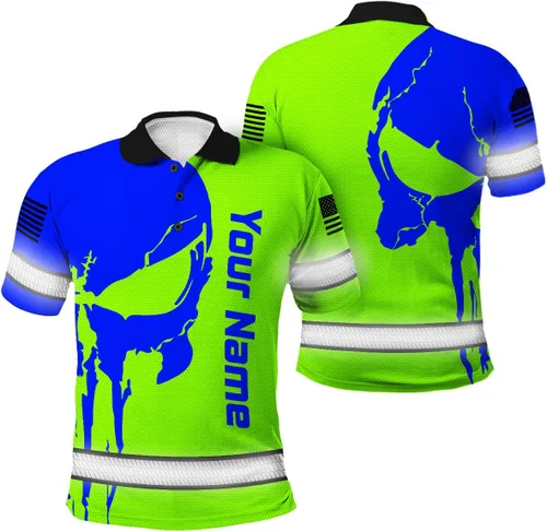 Vista 12 de Maddly Polo de alta visibilidad con diseño de calavera y bandera de Estados Unidos, ropa de trabajo patriótica con nombre personalizado