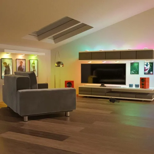 Vista 4 de HELPLEX - Luces LED de disco con control remoto, paquete de 3 luces adhesivas de color intercambiable RGBW, con pilas, iluminación regulable debajo