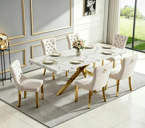 Vista 5 de Henf Mesa de comedor de mármol sintético blanco de 70 pulgadas para 4-6 personas, mesa de cocina rectangular moderna con mesa de mármol sintético