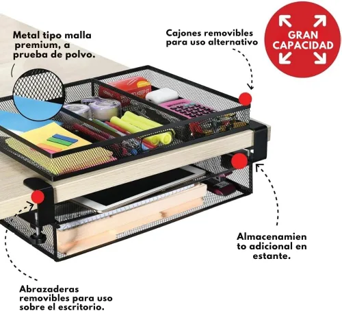 Vista 3 de Organizador de Cajones Debajo del Escritorio con Abrazadera, Accesorio de Malla Metálica, 1 Cajón Deslizante, Organizador para Escritorio o Debajo