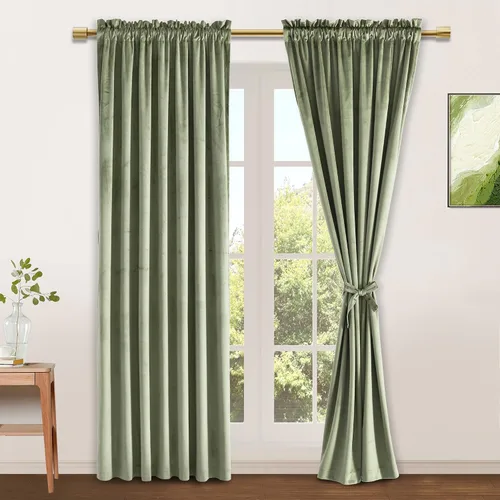 Vista 103 de JIUZHEN Cortinas de terciopelo beige de 63 pulgadas de ancho x 63 pulgadas de largo, cortinas de terciopelo retro suaves con bolsillo para barra