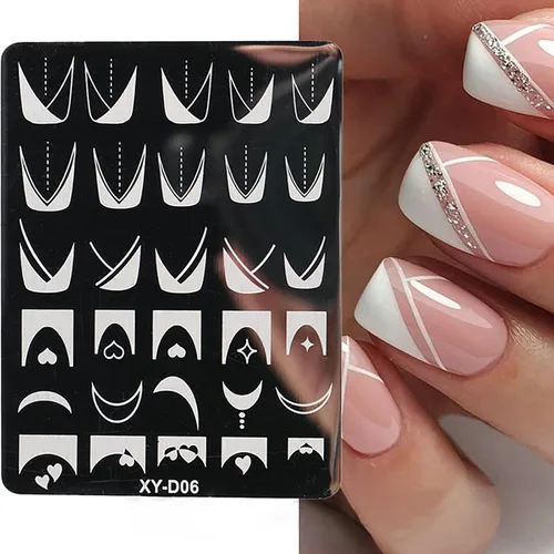 Vista 8 de Juego de 6 plantillas de estampado de uñas con líneas francesas, flores, hojas, diseño de corazón sonriente, kits de estampación, herramientas