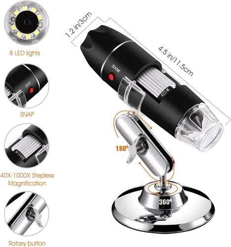 Vista 4 de Microscopio digital USB 40X a 1000X, cámara endoscopio de aumento de 8 LED con estuche de transporte y soporte de metal, compatible con Android