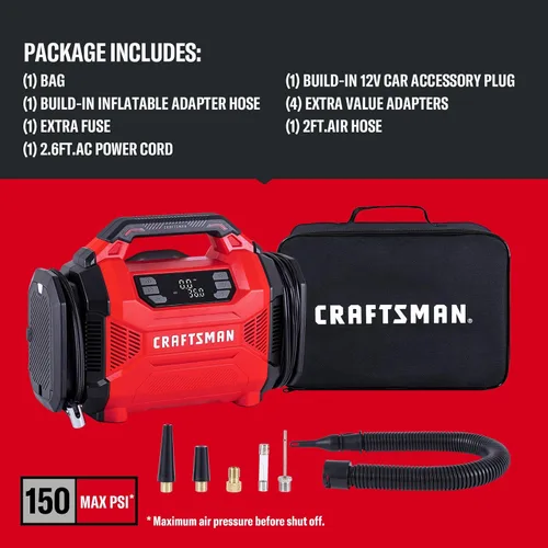 Vista 9 de CRAFTSMAN Inflador de neumáticos de doble potencia con indicador digital y apagado automático 12V DC Car Plug and 120V AC Home Use with Up to 150