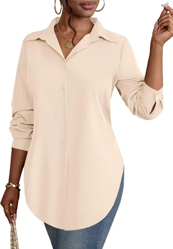 Vista 20 de Rooscier Blusa larga con cuello en V para mujer, manga larga, abertura lateral, con botones