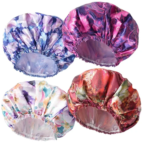 Vista 24 de 4 piezas de gorros de ducha para mujer, gorros de baño con estampado, gorro de ducha de doble capa reutilizable e impermeable, gorros de ducha