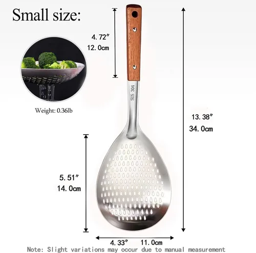Vista 2 de Colador de araña de acero inoxidable con mango de madera para freír pasta, utensilios de cocina Small fine wire mesh strainer spoon, multipurpose