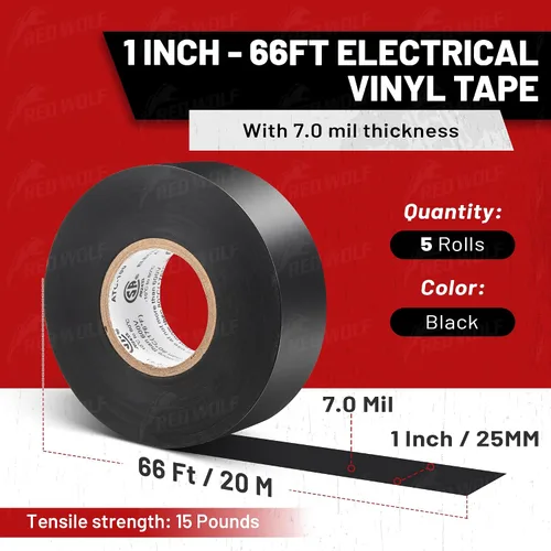 Vista 7 de RED WOLF Cinta eléctrica de vinilo de 1 pulgada x 66 pies, 5 rollos, cinta eléctrica de PVC con certificación UL CSA de 7 mil de grosor, resistente