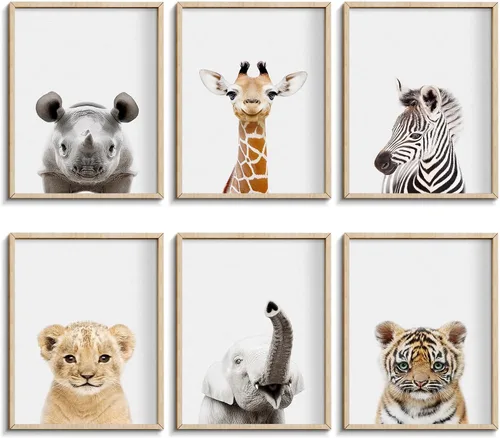 Vista 10 de calmart Arte de la pared: 6 Decoración para colgar en la pared de animales de la selva sin marco para la habitación de los niños, guardería, fiesta