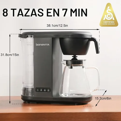 Vista 2 de Bonavita Enthusiast Cafetera de goteo de 8 tazas, para verter, máquina de café certificada SCA con jarra de vidrio, panel de acero inoxidable Negro