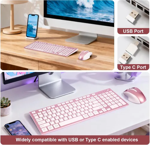 Vista 5 de Juego de teclado y mouse inalámbricos, 2.4G USB silencioso ultrafino compacto de tamaño completo, compatible con PC, Windows, Mac, MacBook (oro rosa)