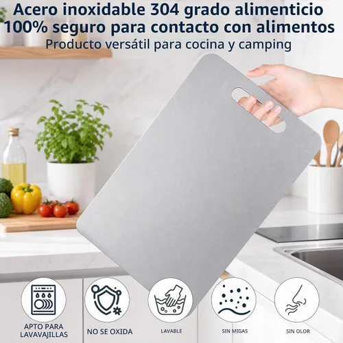Vista 3 de Tabla de cortar de acero inoxidable, uso de doble cara, para cortar carne, frutas, verduras, apta para lavavajillas, tablas de cortar de 13 x 8