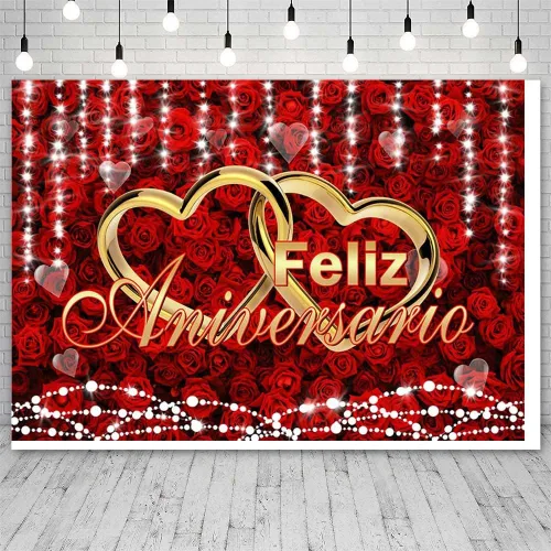 Vista 3 de AIBIIN Fondo de feliz aniversario de 7 x 5 pies, decoración de fiesta de feliz aniversario mexicano, flores rojas burdeos, fondo de fotografía