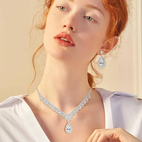 Vista 4 de Juego de joyas de plata para mujer, juego de joyería nupcial para boda, collar de lágrima, aretes, joyería de graduación de plata para mujeres