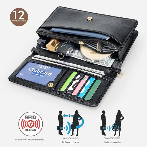 Vista 6 de nuoku - Bolso bandolera pequeño para mujer con ranuras para tarjetas RFID, 2 correas negro (A- Black)
