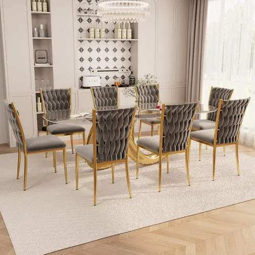 Vista 25 de Juego de 2 sillas de comedor de terciopelo, modernas sillas de cocina tejidas con patas de metal dorado, cojín tapizado con respaldo alto