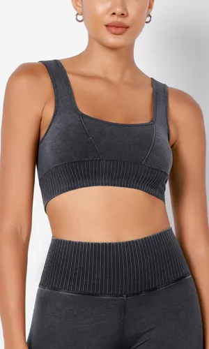 Vista 2 de ODODOS Sujetador deportivo sin costuras con cuello cuadrado para mujer, camiseta sin mangas acanalada, casual, espalda baja