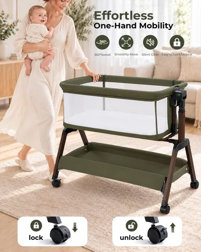Vista 6 de Cuna de bebé 5 en 1, cama de noche con balanceo suave, 7 alturas, verde