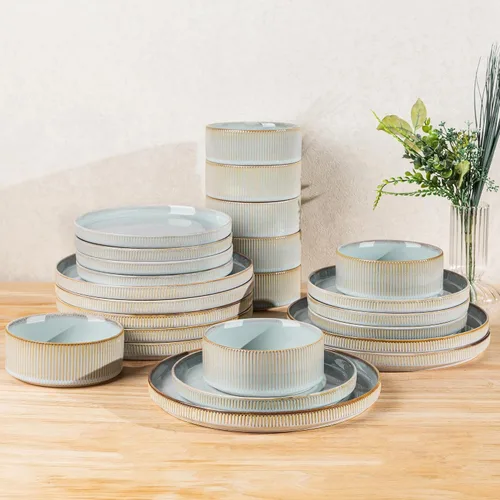 Vista 55 de TheTerra Juego de vajilla de cerámica para 4, juego de 12 platos y cuencos ligeros de porcelana, resistente a los arañazos, apto para horno